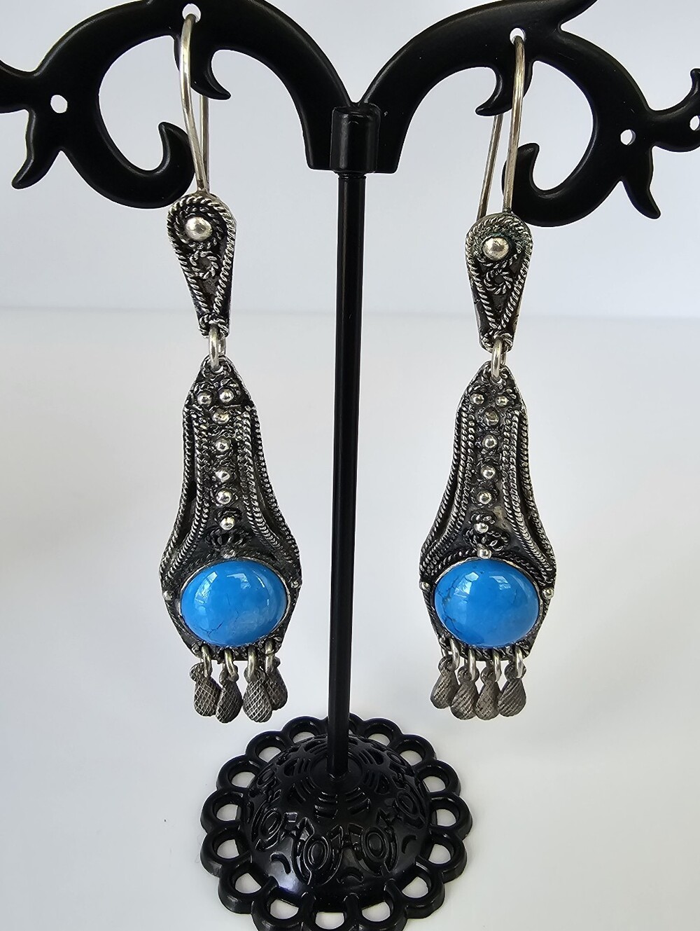 Vintage 950 Silver Turquoise Chandelier Earrings, Heavy 16g Artisan Handmade